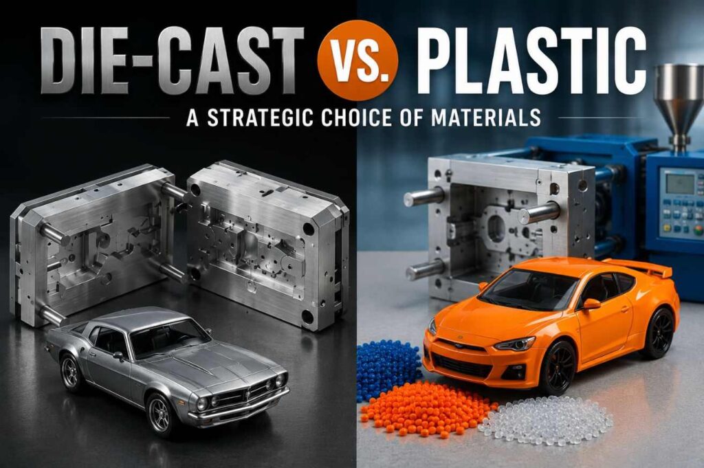 Side-by-side comparison of die cast metal mold with silver model car versus plastic injection mold with orange model car and resin pellets — die cast vs plastic manufacturing