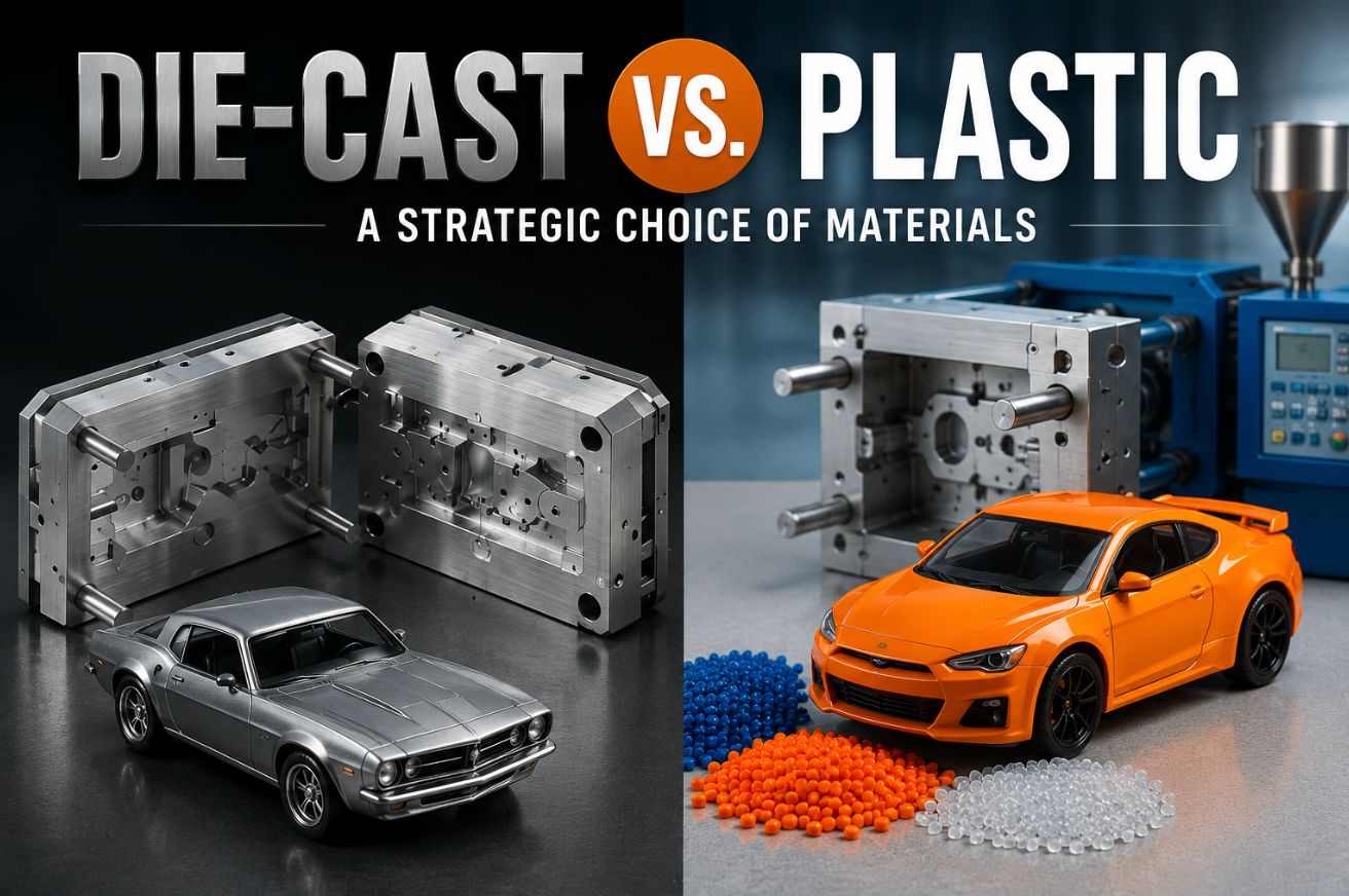 Side-by-side comparison of die cast metal mold with silver model car versus plastic injection mold with orange model car and resin pellets — die cast vs plastic manufacturing